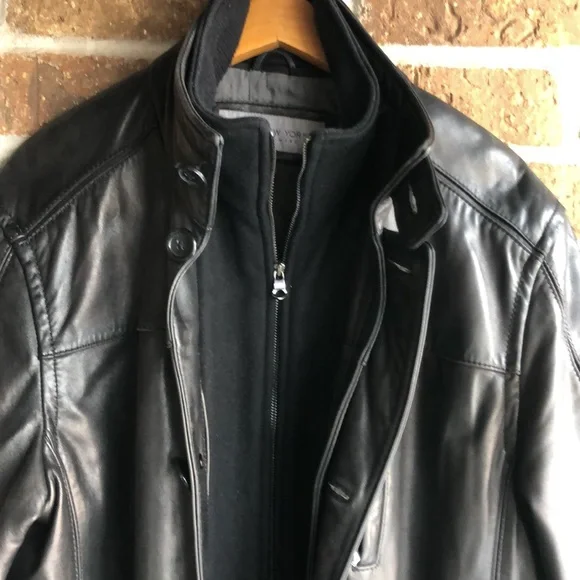 Marc New York Men’s Black Leather Jacket with Removable Wool Bib - Picture 5 of 12
